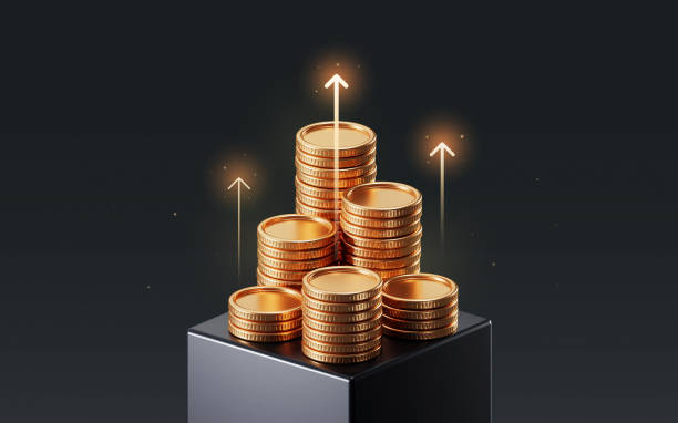 Growth money business increase finance profit on 3d investment background with coin stock wealth arrow graph. Financial economy concept rise gold strategy cash currency. Success market economic budget